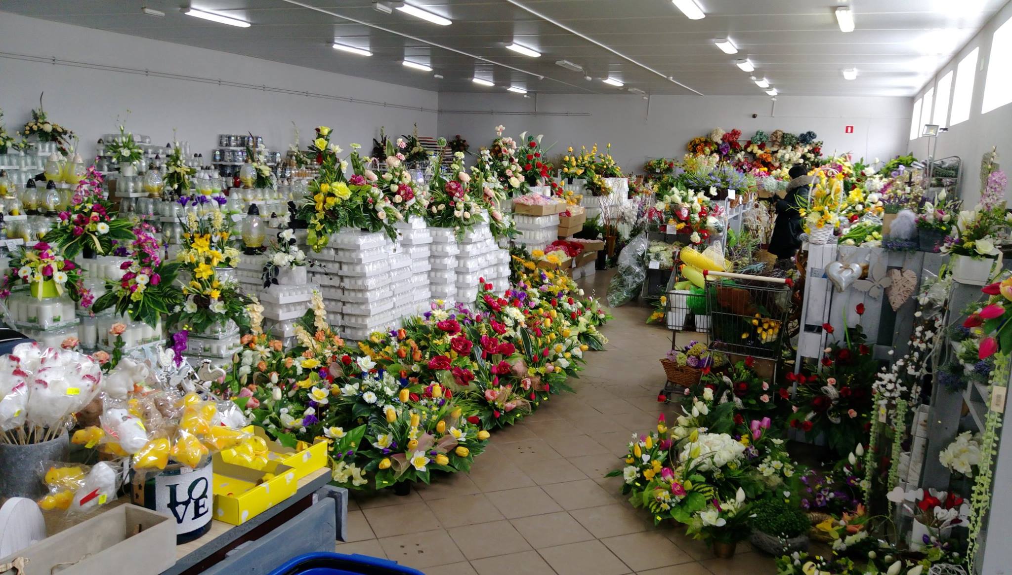 Półki z kompozycjami i kwiatami w kwiaciarni